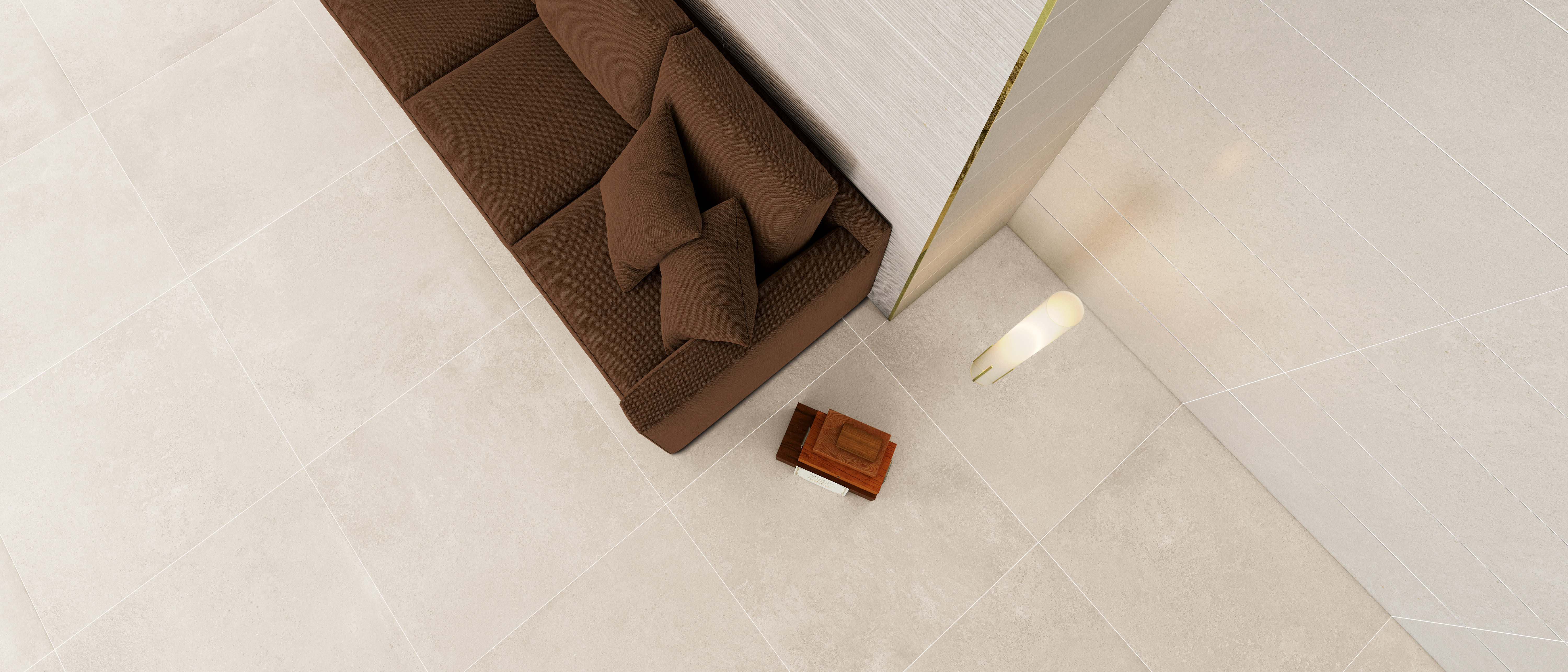 Wohnzimmer mit hellen Fliesen gestaltet